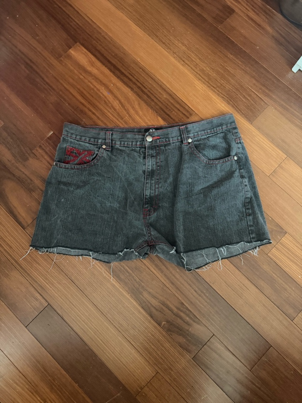 EB Denim Black Cutoff Jean Shorts with Red Pocket Detail